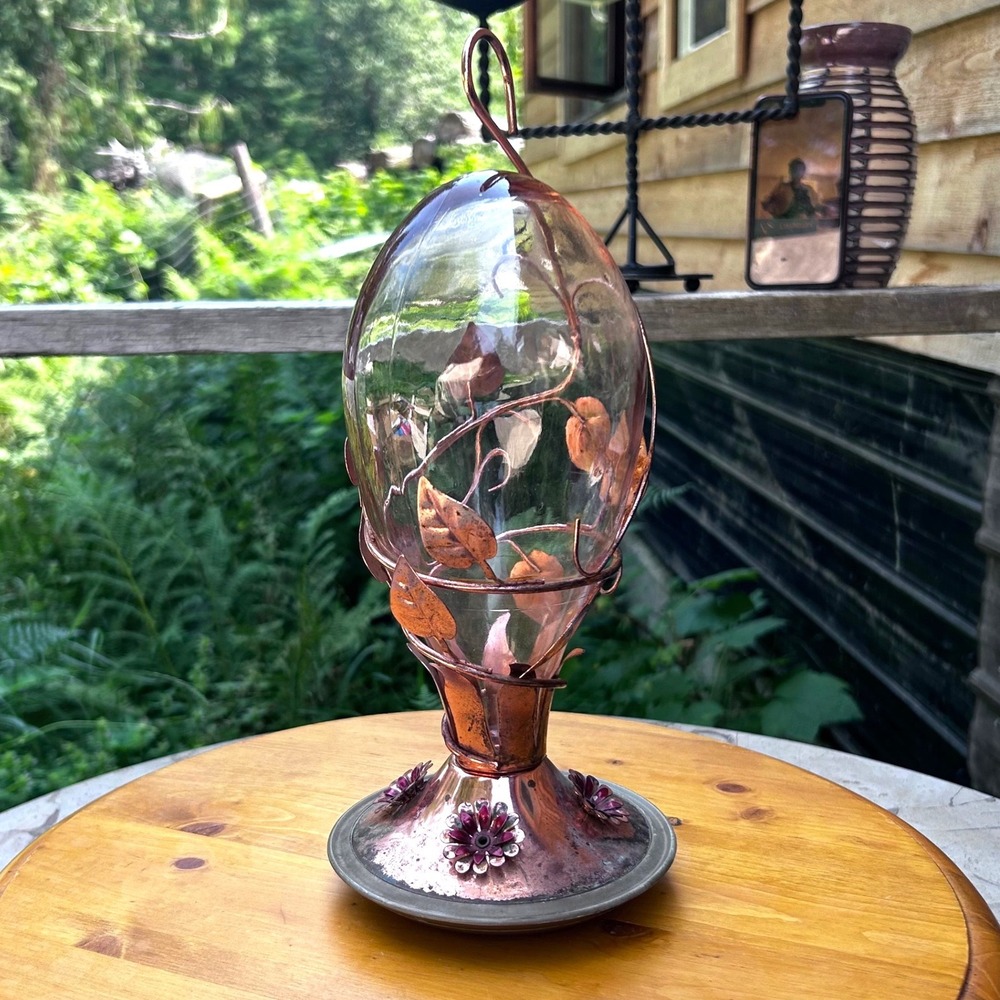 Vintage Hummingbird Feeder Copper Vine Leaf Tinted Glass Yard Art Perky Pet